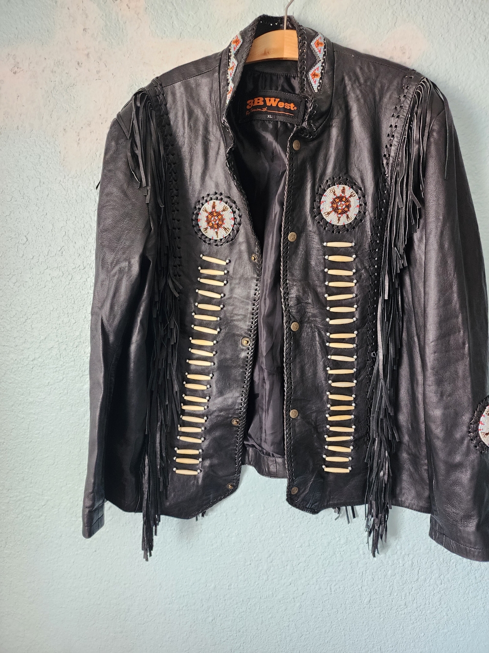 Black Leather Fringe Jacket with Beaded Medallions